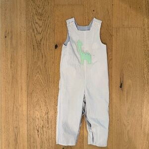 Kids Blue Reversible Overalls with Green Dinosaur and yellow cars